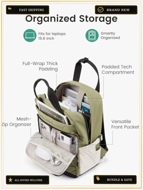 Puffer Backpack Women 15.6 Laptop Quilted Travel Work Bag Anti-Theft Water main image 3